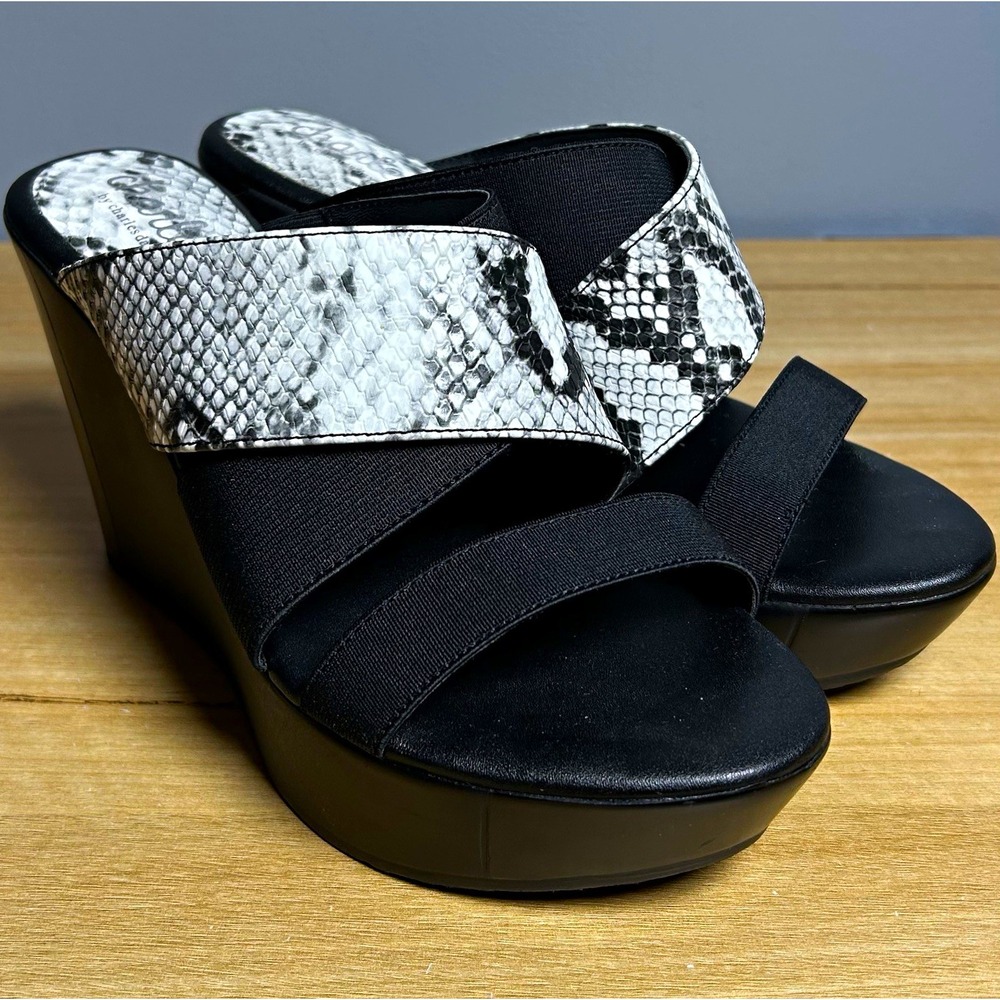 Charles by Charles David Black White Snakeskin Print Fefe Slip On Wedge Sandals
